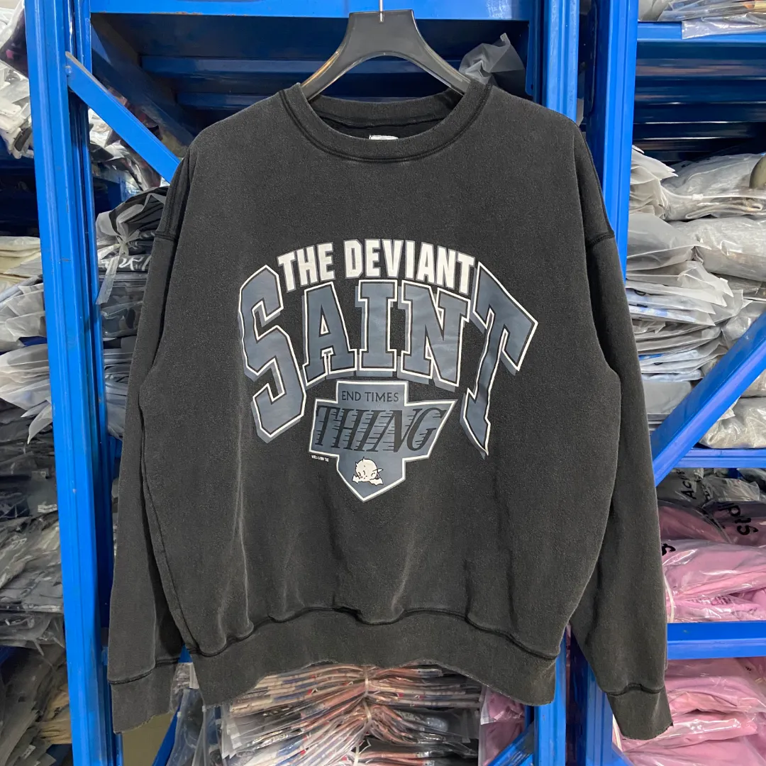 New 🆕Trendy brand saint michael TEH DEVIANT letter print retro distressed washed velvet loose round neck pullover sweatshirt Fabric: 420g Style number: SM615 Size: S-M-L-XL Color: Black Price: P198